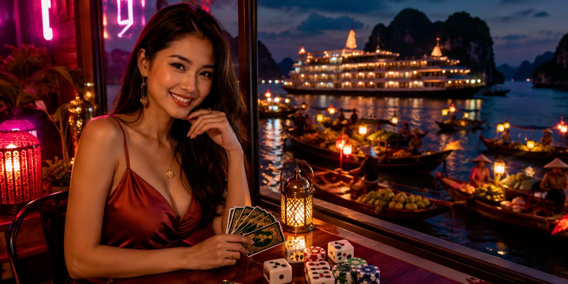 Người dùng chơi bài trực tuyến bên ly cà phê với phong cảnh vịnh Hạ Long