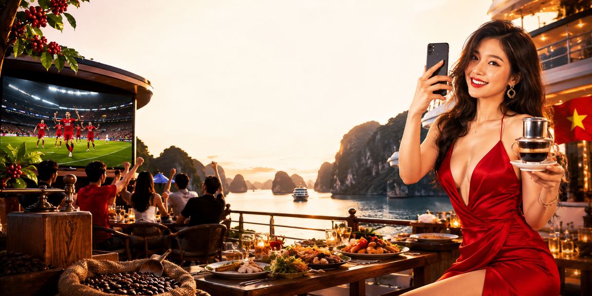 Người dùng đặt cược bóng đá online tại vịnh Hạ Long với ly cà phê Việt Nam