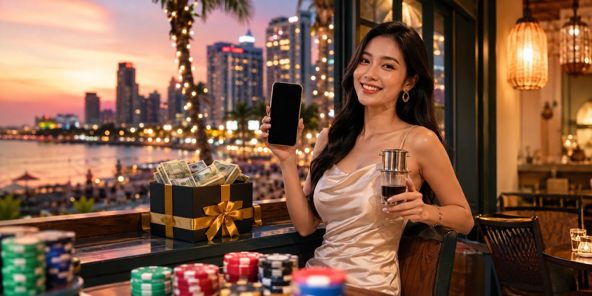 Người chơi Phú Quốc dùng điện thoại đăng ký tài khoản casino di động bên ly cà phê